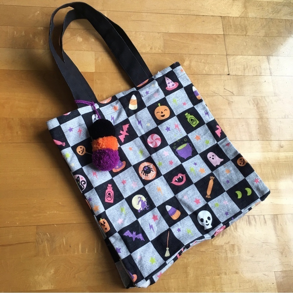 Large Halloween Fabric Tote Treat Bag, Gray, Black, Orange, Purple